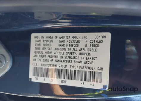 2009 Honda Accord 2.4 Lx z USA, uszkodzony, nr VIN 1HGCP26359A177058